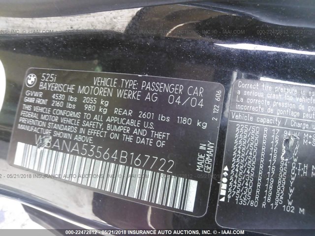 WBANA53564B167722 - 2004 BMW 525 I BLACK photo 9