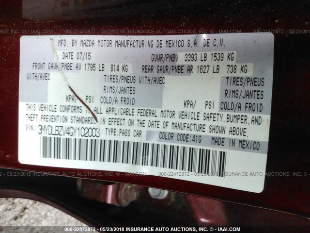 3MYDLBZV4GY102003 - 2016 TOYOTA SCION IA RED photo 9