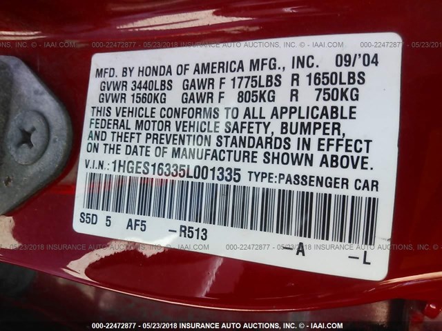 1HGES16335L001335 - 2005 HONDA CIVIC DX VP RED photo 9