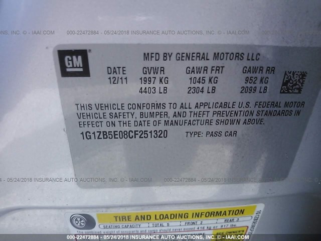 1G1ZB5E08CF251320 - 2012 CHEVROLET MALIBU LS 灰色 照片 9