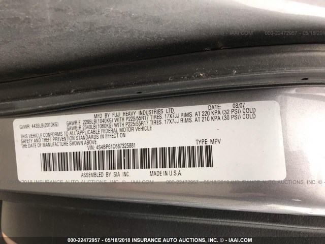 4S4BP61C687325881 - 2008 SUBARU OUTBACK 2.5I SILVER photo 9