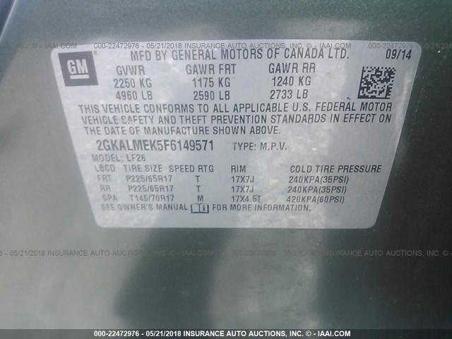 2GKALMEK5F6149571 - 2015 GMC TERRAIN SLE GREEN photo 9