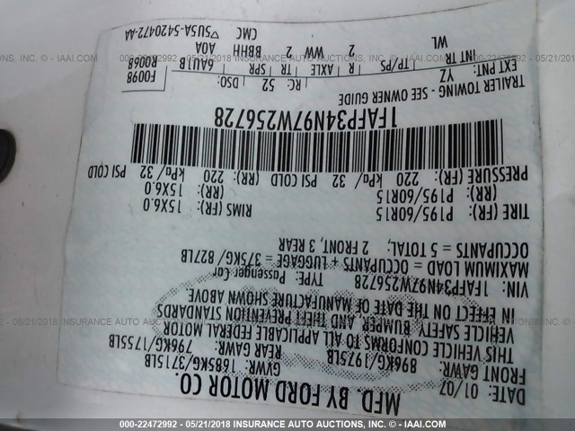 1FAFP34N97W256728 - 2007 FORD FOCUS ZX4/S/SE/SES 白色 照片 9