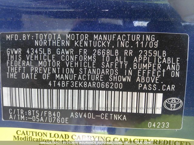 4T4BF3EK8AR066200 - 2010 TOYOTA CAMRY SE/LE/XLE ლურჯი ფოტო 9