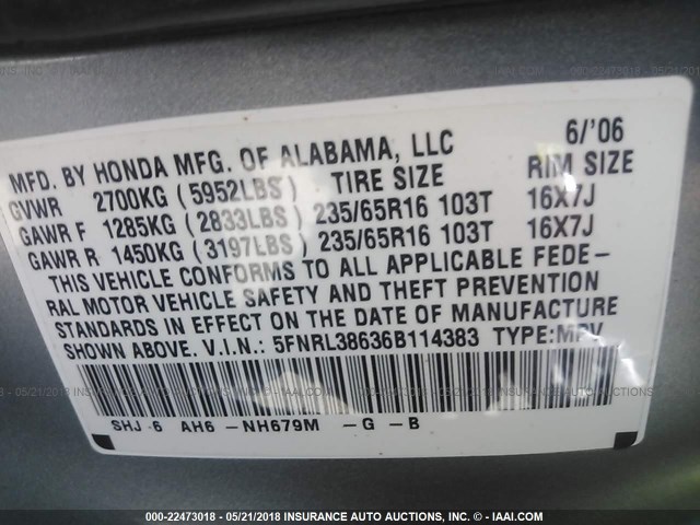 5FNRL38636B114383 - 2006 HONDA ODYSSEY EXL SILVER photo 9