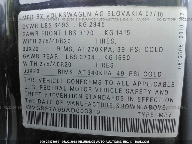 WVGBF7A99AD003319 - 2010 VOLKSWAGEN TOUAREG V6 BLACK photo 9