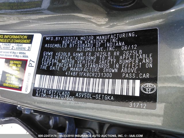 4T4BF1FK8CR231300 - 2012 TOYOTA CAMRY SE/LE/XLE 绿色 照片 9