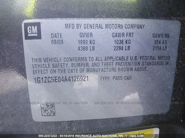 1G1ZC5E04A4126921 - 2010 CHEVROLET MALIBU 1LT ნაცრისფერი ფოტო 9