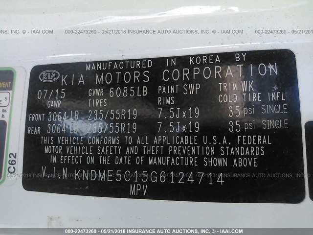 KNDME5C15G6124714 - 2016 KIA SEDONA SXL WHITE photo 9