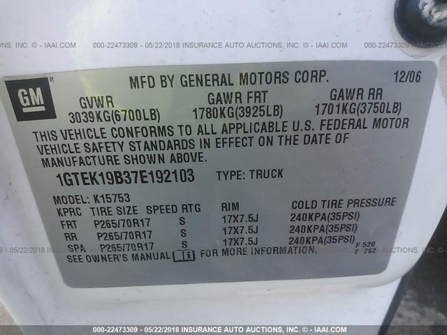 1GTEK19B37E192103 - 2007 GMC NEW SIERRA K1500 WHITE photo 9