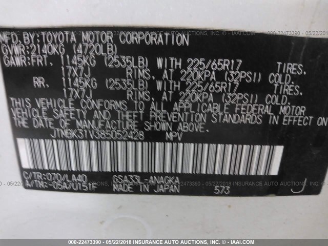 JTMBK31V385052428 - 2008 TOYOTA RAV4 LIMITED WHITE photo 9