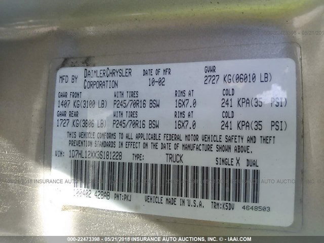 1D7HL12XX3S181228 - 2003 DODGE DAKOTA SXT ოქროსფერი ფოტო 9