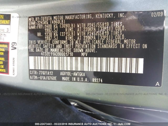 4T3ZE11A39U001710 - 2009 TOYOTA VENZA GREEN photo 9