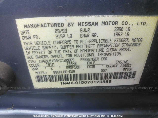 1N4DL01D0YC120889 - 2000 NISSAN ALTIMA XE/GXE/SE/GLE BLUE photo 9