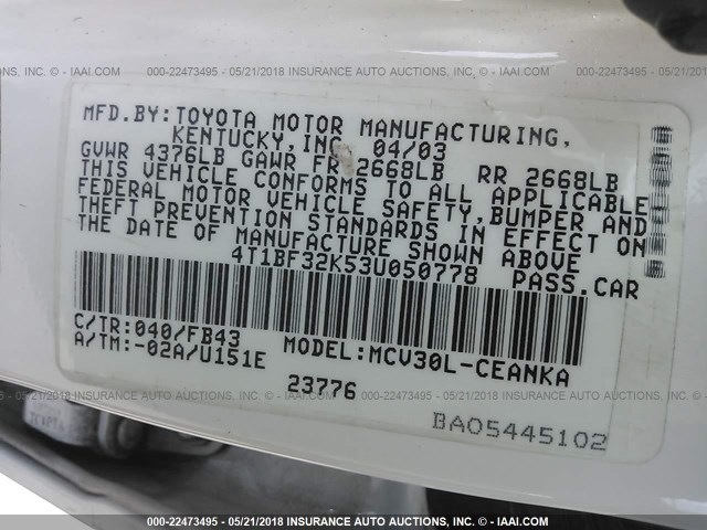 4T1BF32K53U050778 - 2003 TOYOTA CAMRY LE/XLE/SE Ağ foto 9