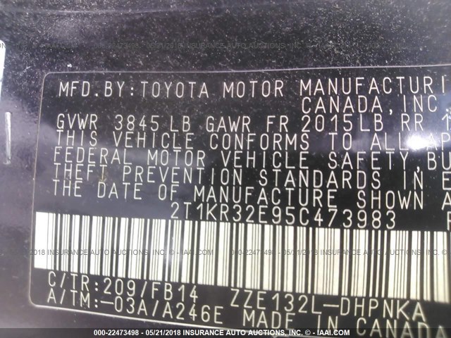 2T1KR32E95C473983 - 2005 TOYOTA COROLLA MATRIX XR BLACK photo 9