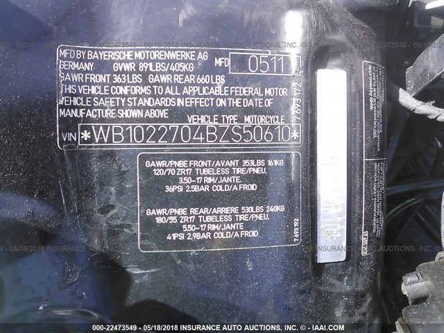 WB1022704BZS50610 - 2011 BMW F800 R WHITE photo 10