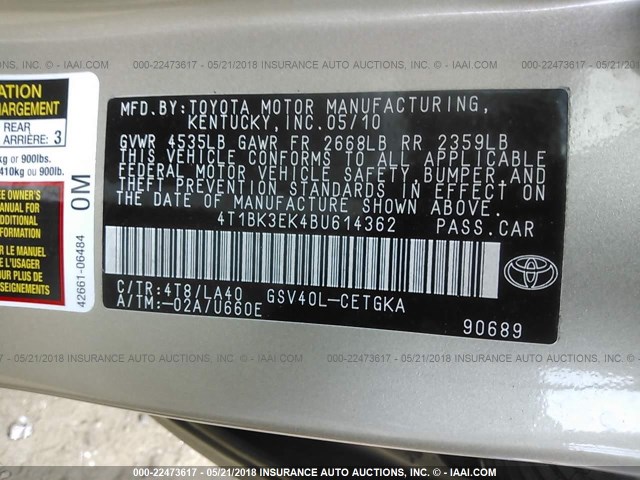 4T1BK3EK4BU614362 - 2011 TOYOTA CAMRY SE/LE/XLE ოქროსფერი ფოტო 9