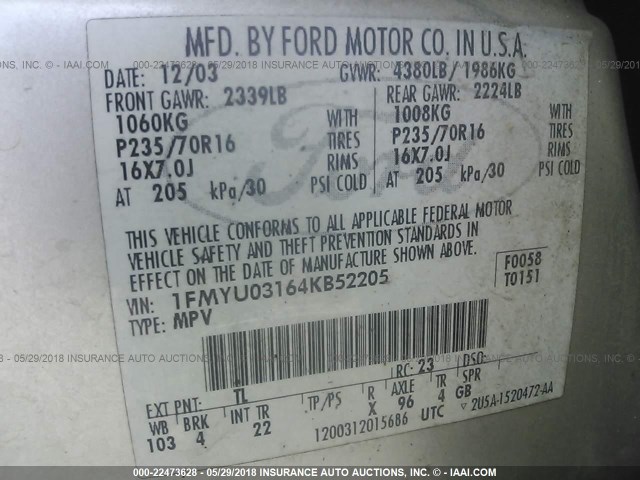 1FMYU03164KB52205 - 2004 FORD ESCAPE XLT GRAY photo 9