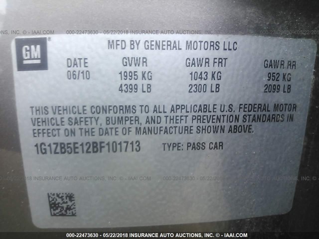 1G1ZB5E12BF101713 - 2011 CHEVROLET MALIBU LS Qəhvəyi foto 9