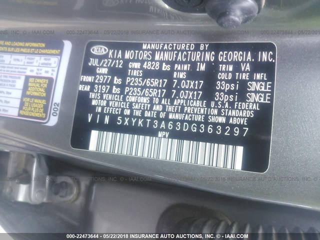 5XYKT3A63DG363297 - 2013 KIA SORENTO LX GRAY photo 9