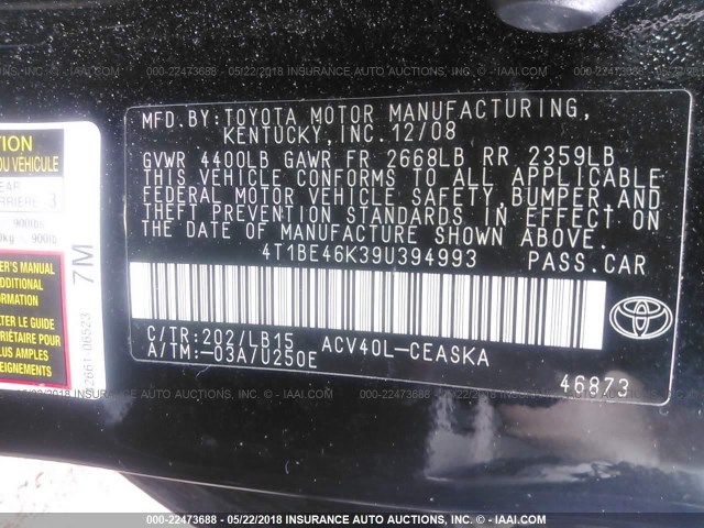 4T1BE46K39U394993 - 2009 TOYOTA CAMRY SE/LE/XLE Қара фото 9