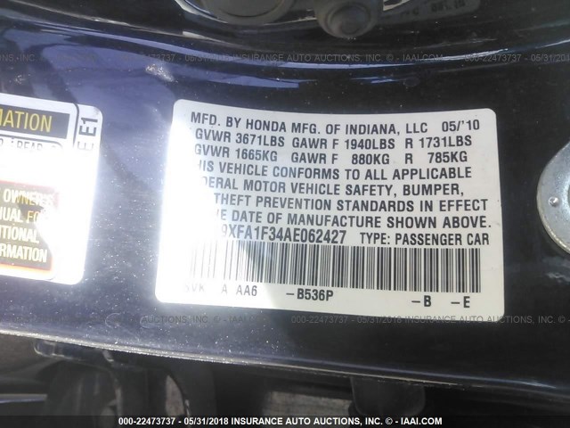 19XFA1F34AE062427 - 2010 HONDA CIVIC VP BLUE photo 9