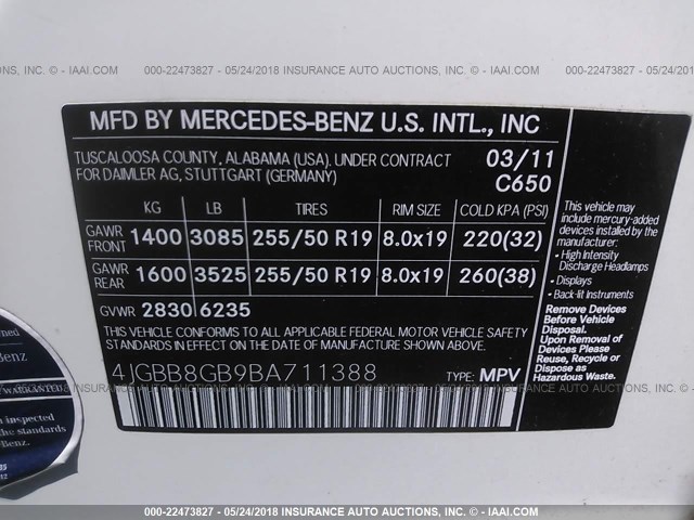 4JGBB8GB9BA711388 - 2011 MERCEDES-BENZ ML 350 4MATIC WHITE photo 9