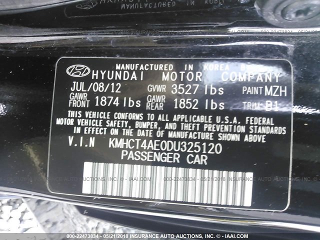 KMHCT4AE0DU325120 - 2013 HYUNDAI ACCENT GLS/GS BLACK photo 9