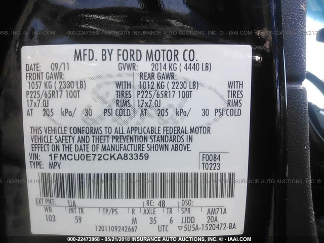 1FMCU0E72CKA83359 - 2012 FORD ESCAPE LIMITED BLACK photo 9