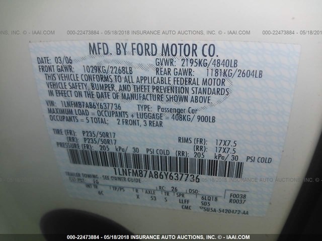 1LNFM87A86Y637736 - 2006 LINCOLN LS WHITE photo 9