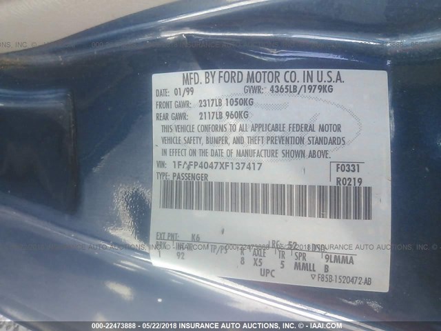 1FAFP4047XF137417 - 1999 FORD MUSTANG BLUE photo 9