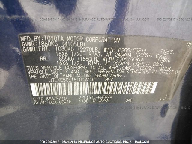 JTLKE50E181009318 - 2008 TOYOTA SCION XB BLUE photo 9