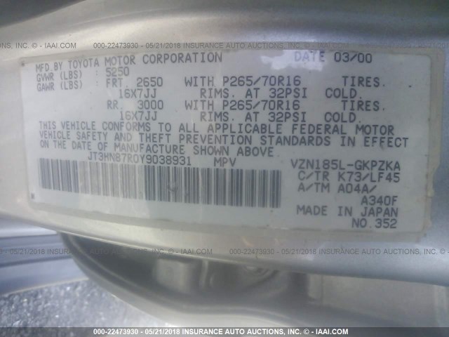 JT3HN87R0Y9038931 - 2000 TOYOTA 4RUNNER LIMITED SILVER photo 9