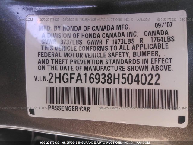 2HGFA16938H504022 - 2008 HONDA CIVIC EXL GRAY photo 9