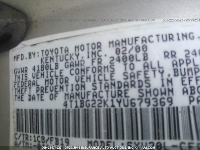 4T1BG22K1YU679369 - 2000 TOYOTA CAMRY CE/LE/XLE SILVER photo 9
