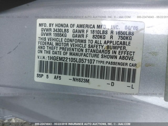 1HGEM22105L057107 - 2005 HONDA CIVIC DX VP SILVER photo 9