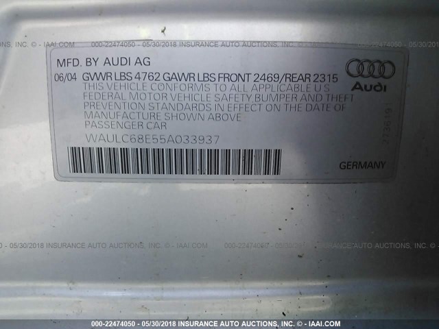 WAULC68E55A033937 - 2005 AUDI A4 1.8T QUATTRO/SPECIAL SILVER photo 9