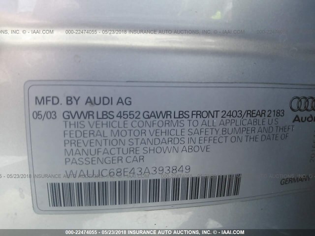 WAUJC68E43A393849 - 2003 AUDI A4 1.8T SILVER photo 9