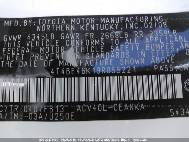 4T4BE46K19R055221 - 2009 TOYOTA CAMRY SE/LE/XLE WHITE photo 9