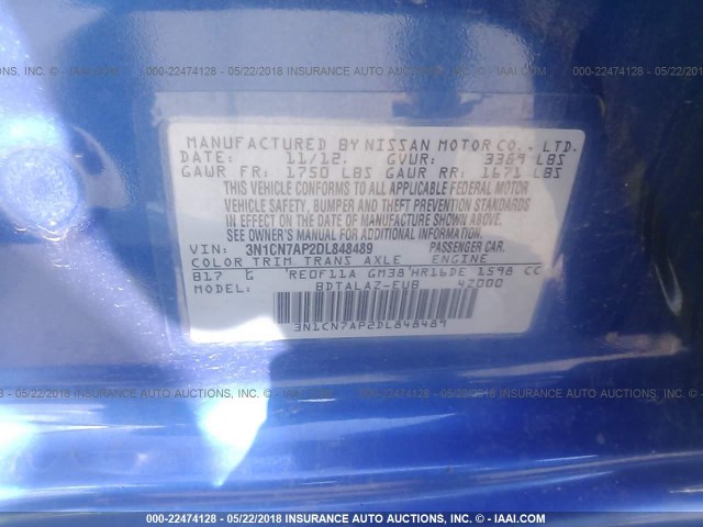 3N1CN7AP2DL848489 - 2013 NISSAN VERSA S/S PLUS/SV/SL BLUE photo 9