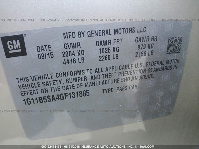 1G11B5SA4GF131885 - 2016 CHEVROLET MALIBU LIMITED LS GOLD photo 9