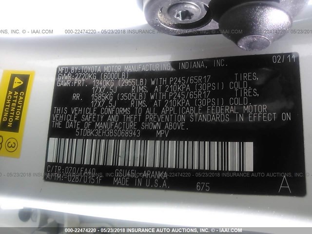 5TDBK3EH3BS068943 - 2011 TOYOTA HIGHLANDER SE WHITE photo 9