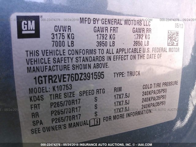 1GTR2VE76DZ391595 - 2013 GMC SIERRA K1500 SLE BLUE photo 9