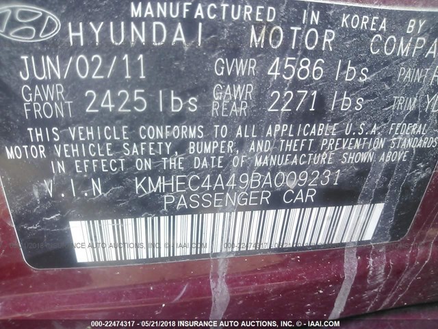 KMHEC4A49BA009231 - 2011 HYUNDAI SONATA HYBRID MAROON photo 9