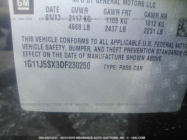 1G11J5SX3DF230250 - 2013 CHEVROLET MALIBU LTZ შავი ფოტო 9