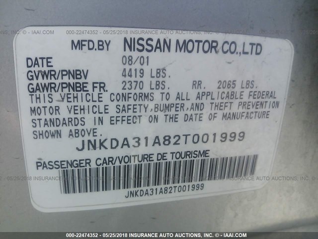 JNKDA31A82T001999 - 2002 INFINITI I35 SILVER photo 9