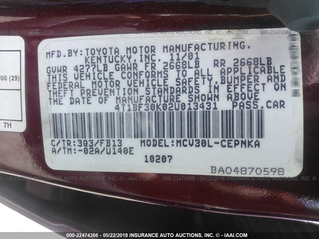 4T1BF30K02U013431 - 2002 TOYOTA CAMRY LE/XLE/SE ბურგუნდია ფოტო 9