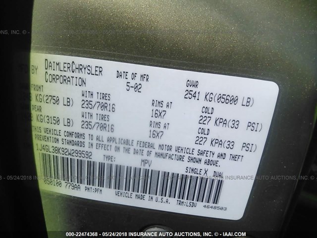 1J4GL38K92W299592 - 2002 JEEP LIBERTY RENEGADE GREEN photo 9