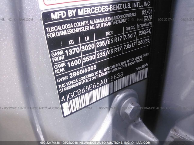 4JGCB65E66A018838 - 2006 MERCEDES-BENZ R 350 SILVER photo 9